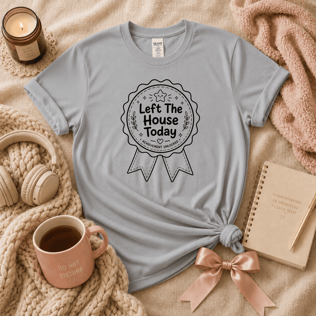 Left The House introvert graphic t-shirt cozy flat lay in sport grey.