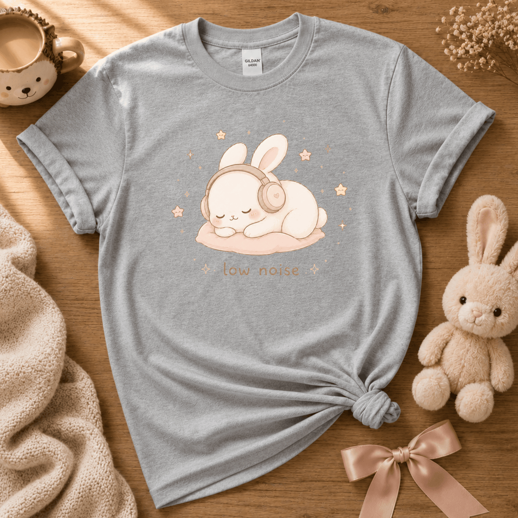 Low Noise Bunny cute animal graphic t-shirt cozy flat lay in sport grey.