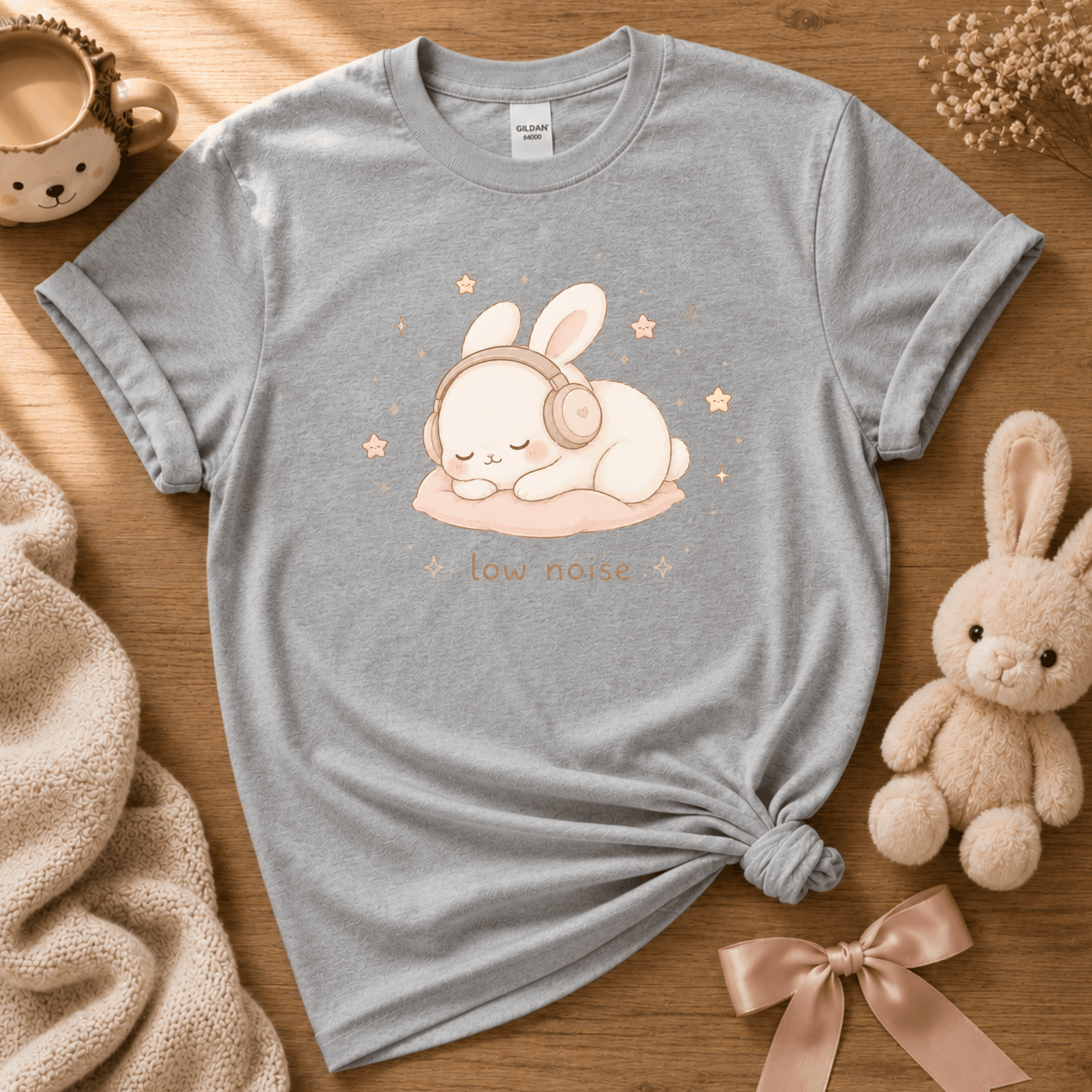 Low Noise Bunny cute animal graphic t-shirt cozy flat lay in sport grey.