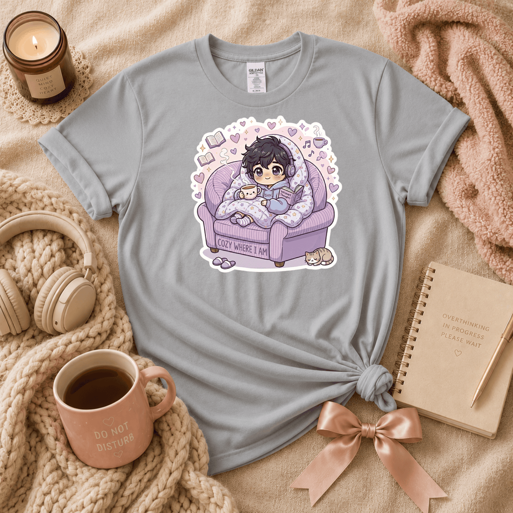 Happy Where I am introvert graphic t-shirt cozy flat lay in sport grey.