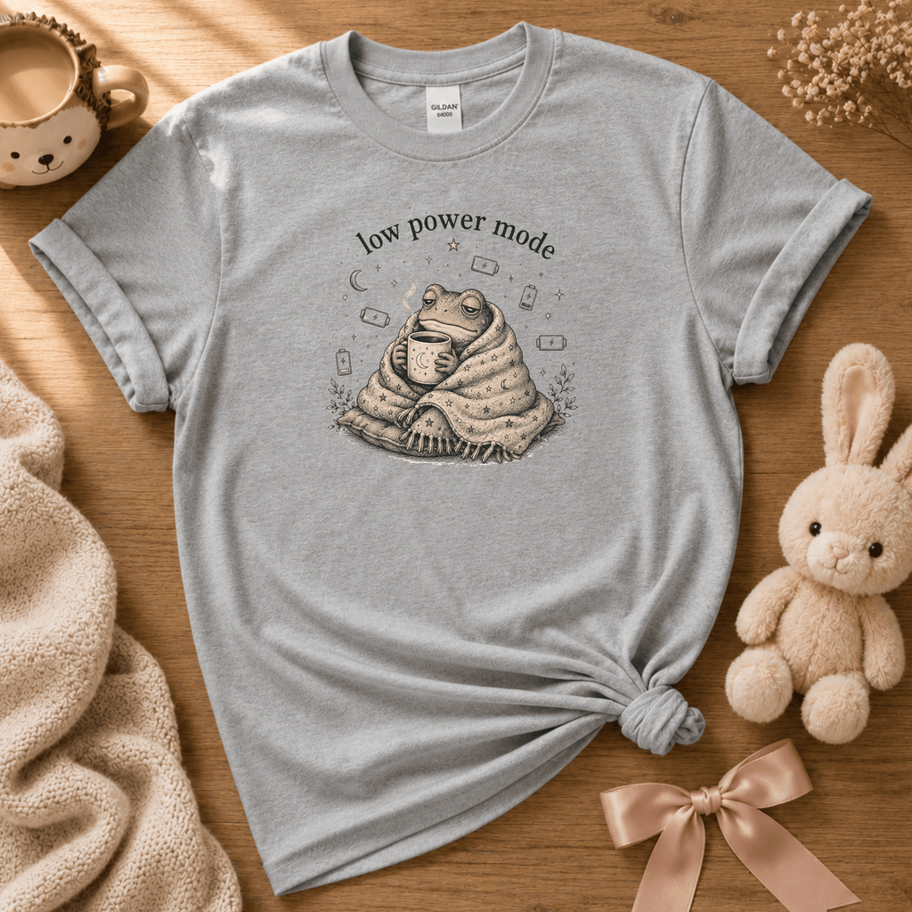 Low Power Mode cute animal graphic t-shirt displayed in a cozy flat lay in sport grey.