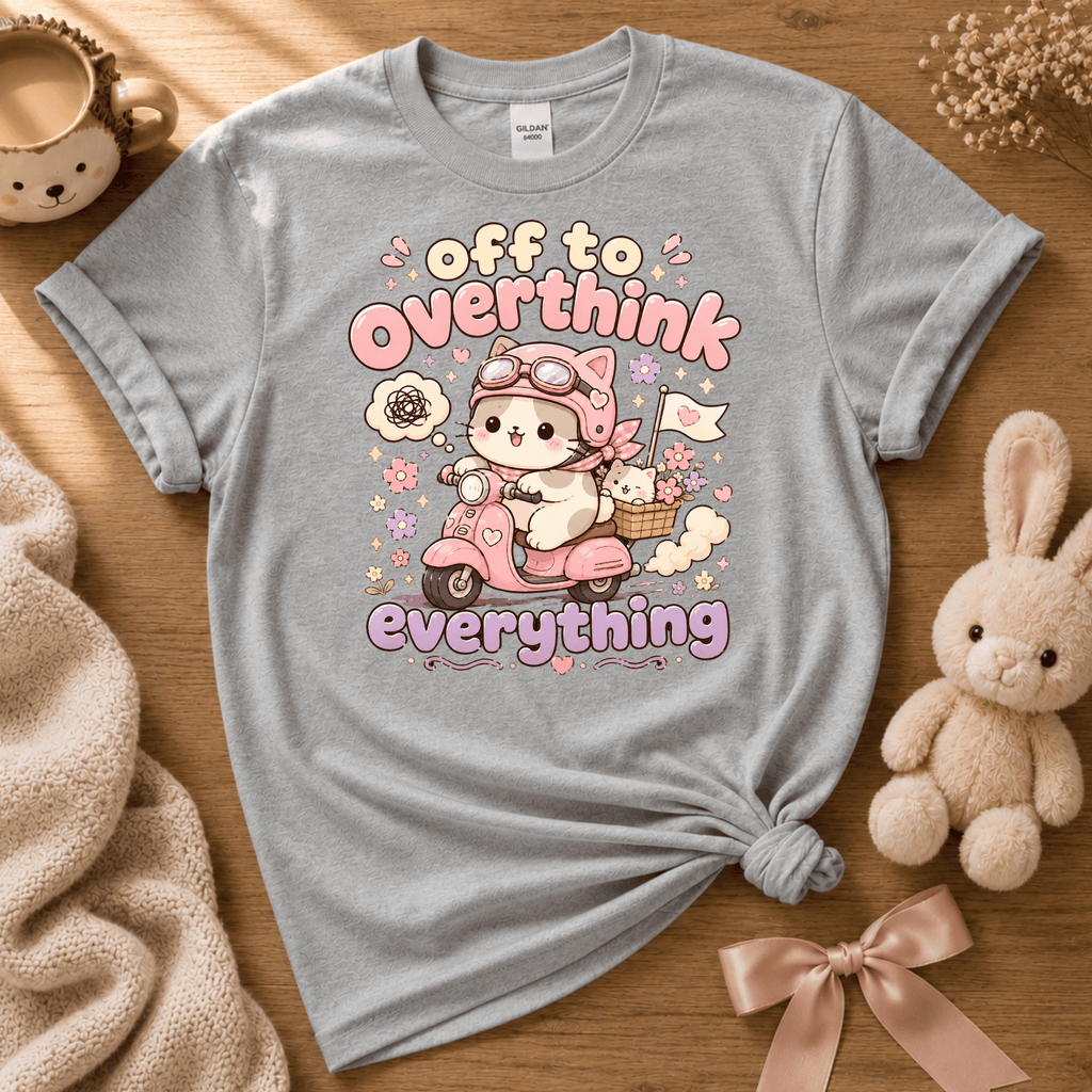 Overthink Cat cute animal graphic t-shirt cozy flat lay in sport grey.