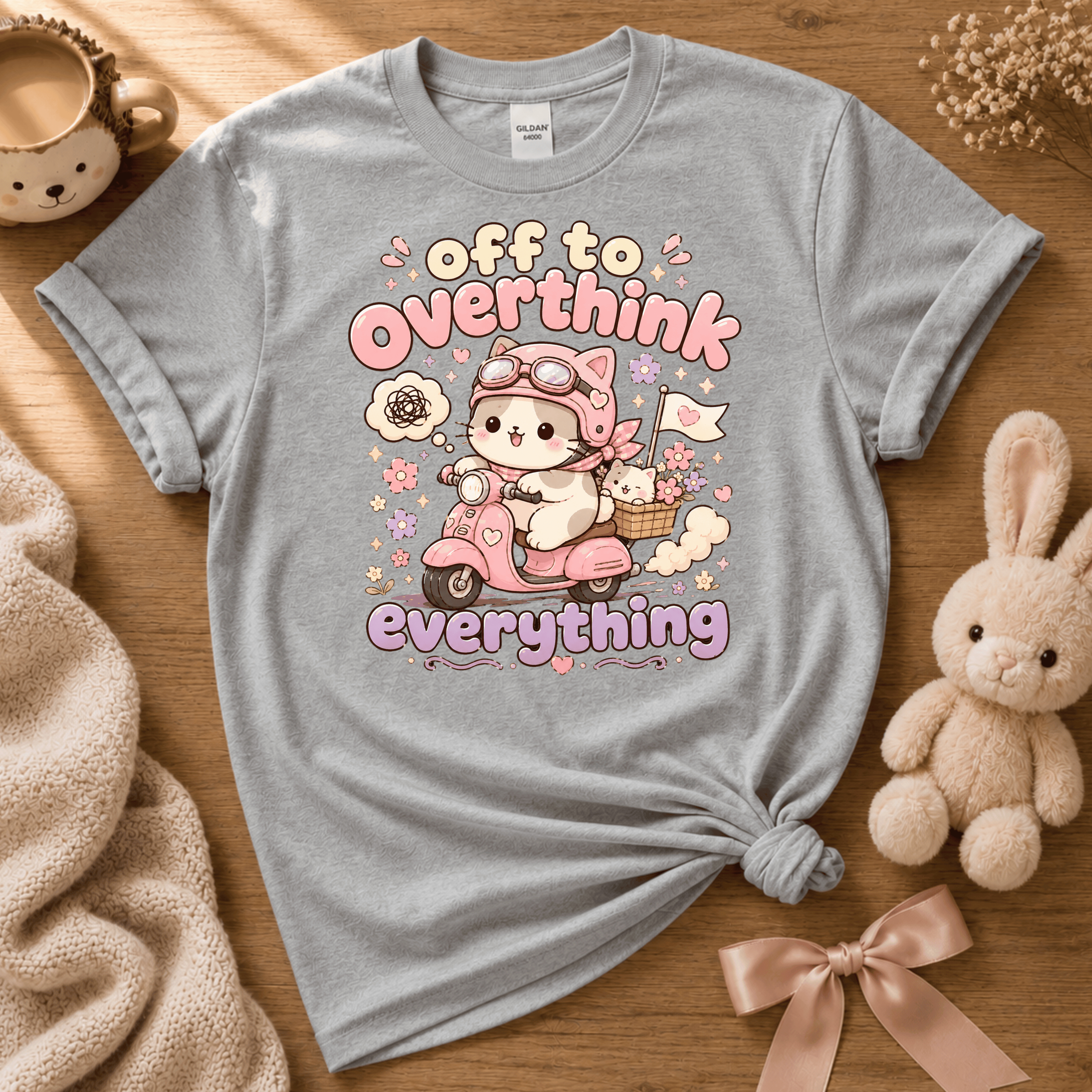 Overthink Cat cute animal graphic t-shirt cozy flat lay in sport grey.