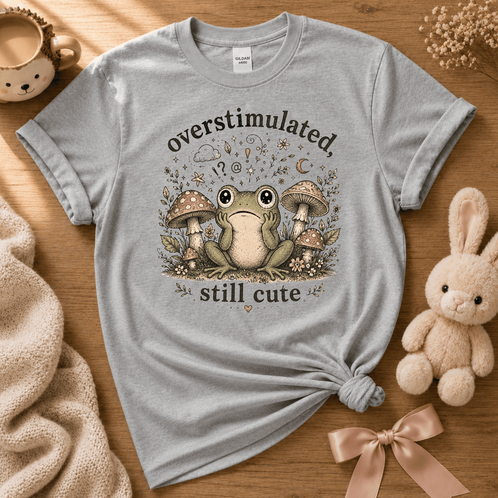 Overstimulated cute animal graphic t-shirt cozy flat lay in sport grey.