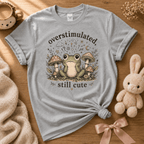 Overstimulated cute animal graphic t-shirt cozy flat lay in sport grey.