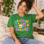 Woman wearing the Stardust Society Premium T-Shirt in leaf green