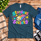 Stardust Society Premium T-Shirt in deep teal, flat lay with kawaii rainbow comet graphic
