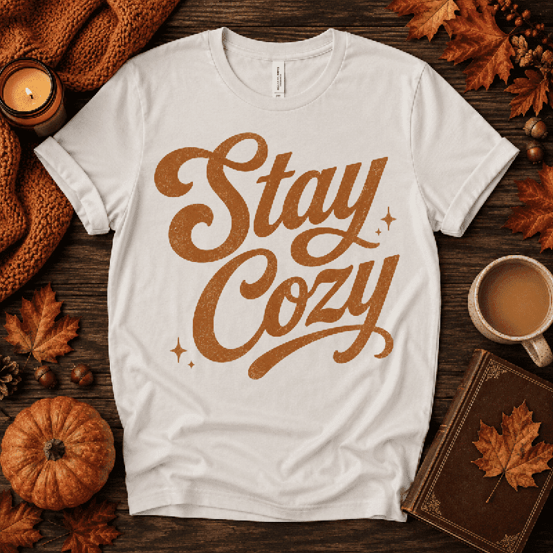 Stay Cozy Premium T-Shirt in vintage white, flat lay with autumn props