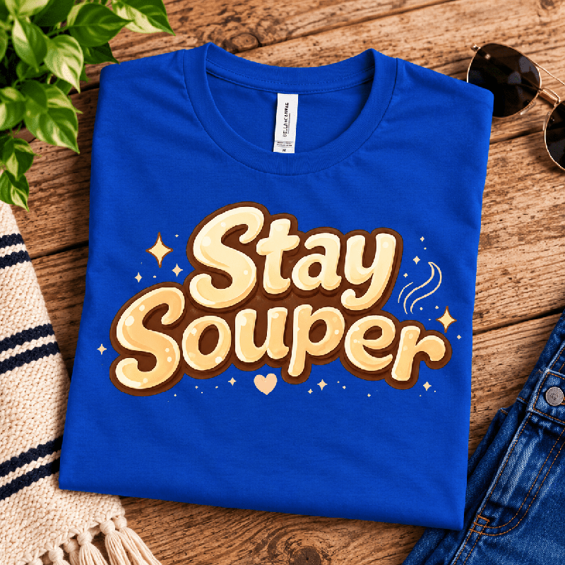 Stay Souper Premium T-Shirt in true royal blue, folded close-up with neck tag showing