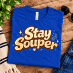 Stay Souper Premium T-Shirt in true royal blue, folded close-up with neck tag showing