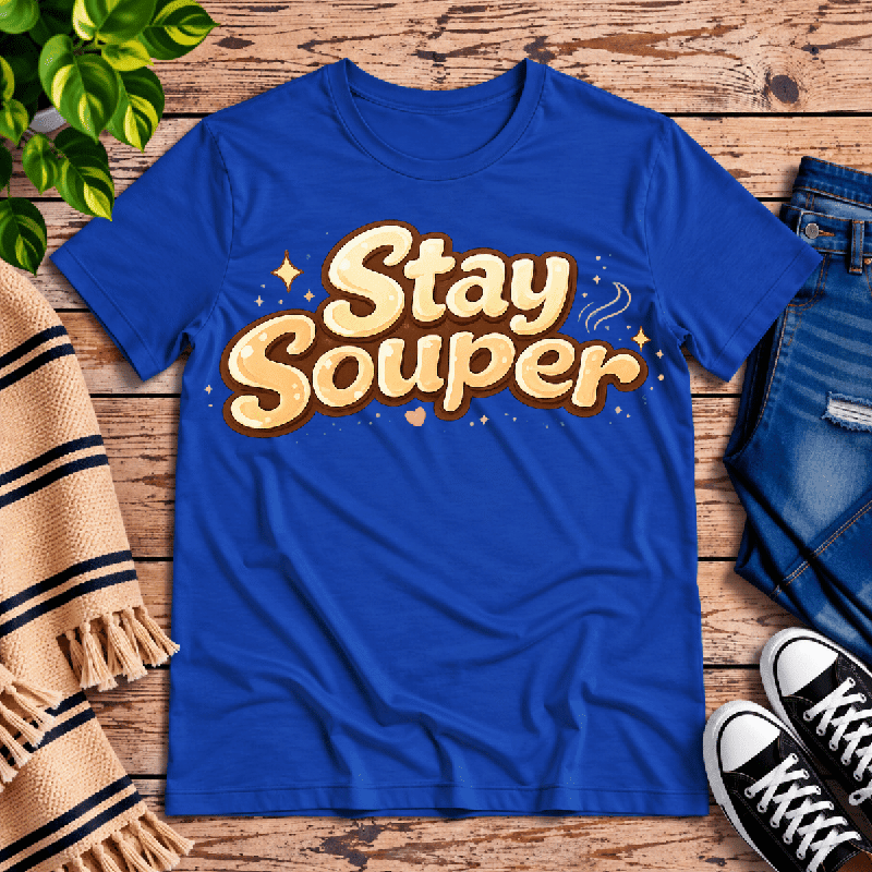 Stay Souper Premium T-Shirt in true royal blue, flat lay with retro bubble-letter graphic