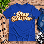 Stay Souper Premium T-Shirt in true royal blue, flat lay with retro bubble-letter graphic