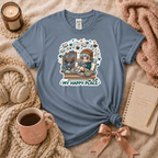 My Happy Place introvert graphic t-shirt cozy flat lay in stone blue.