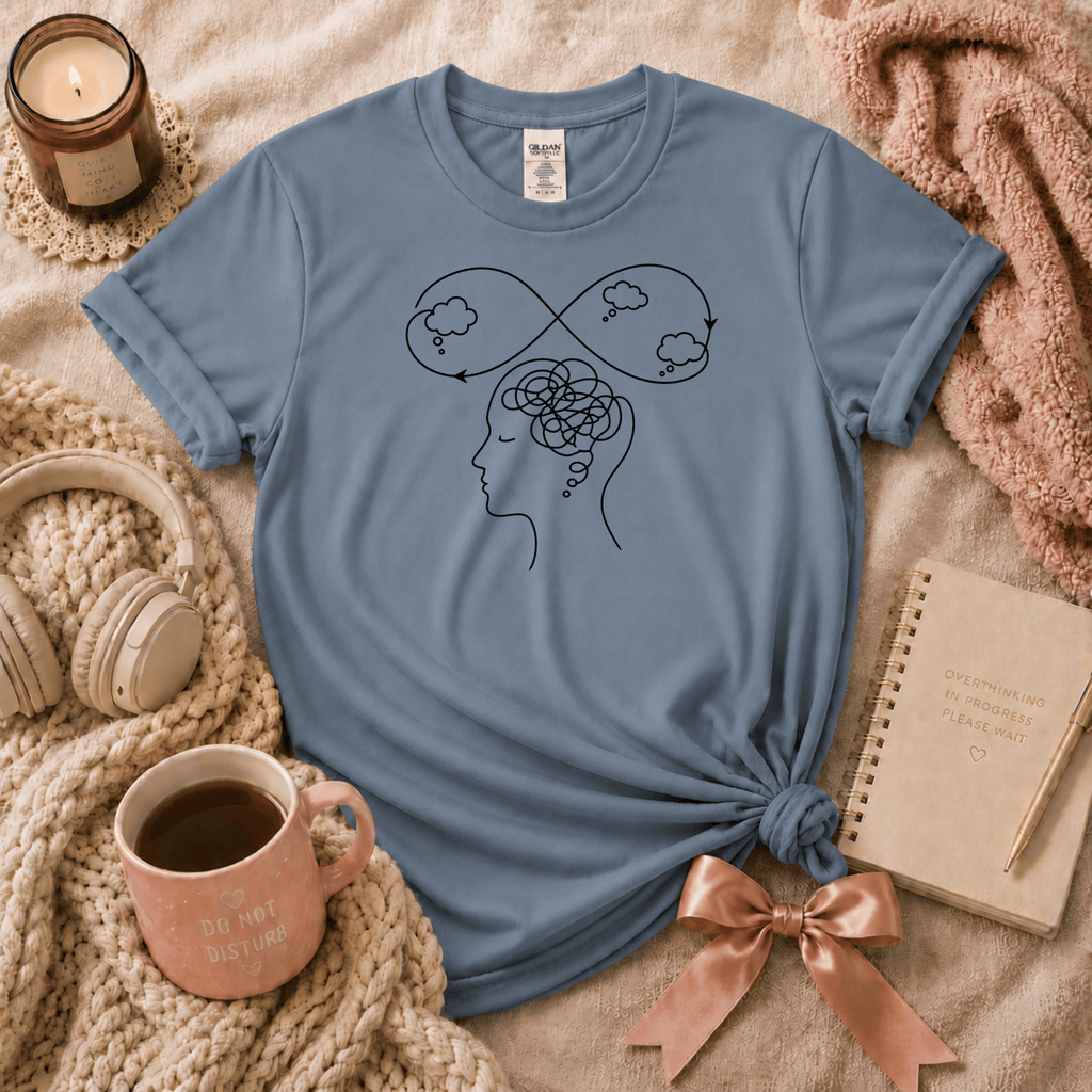 So Many Thoughts introvert graphic t-shirt cozy flat lay in stone blue.