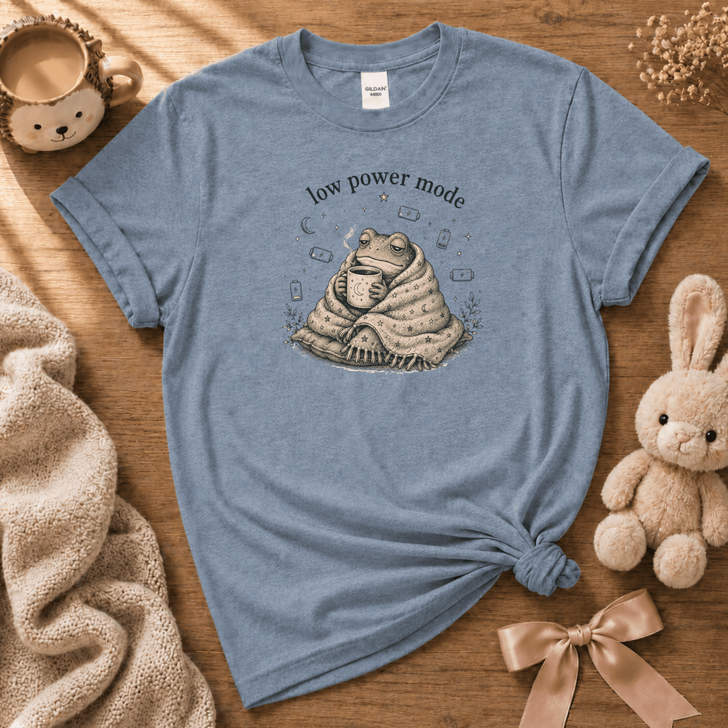 Low Power Mode cute animal graphic t-shirt cozy flat lay in stone blue.