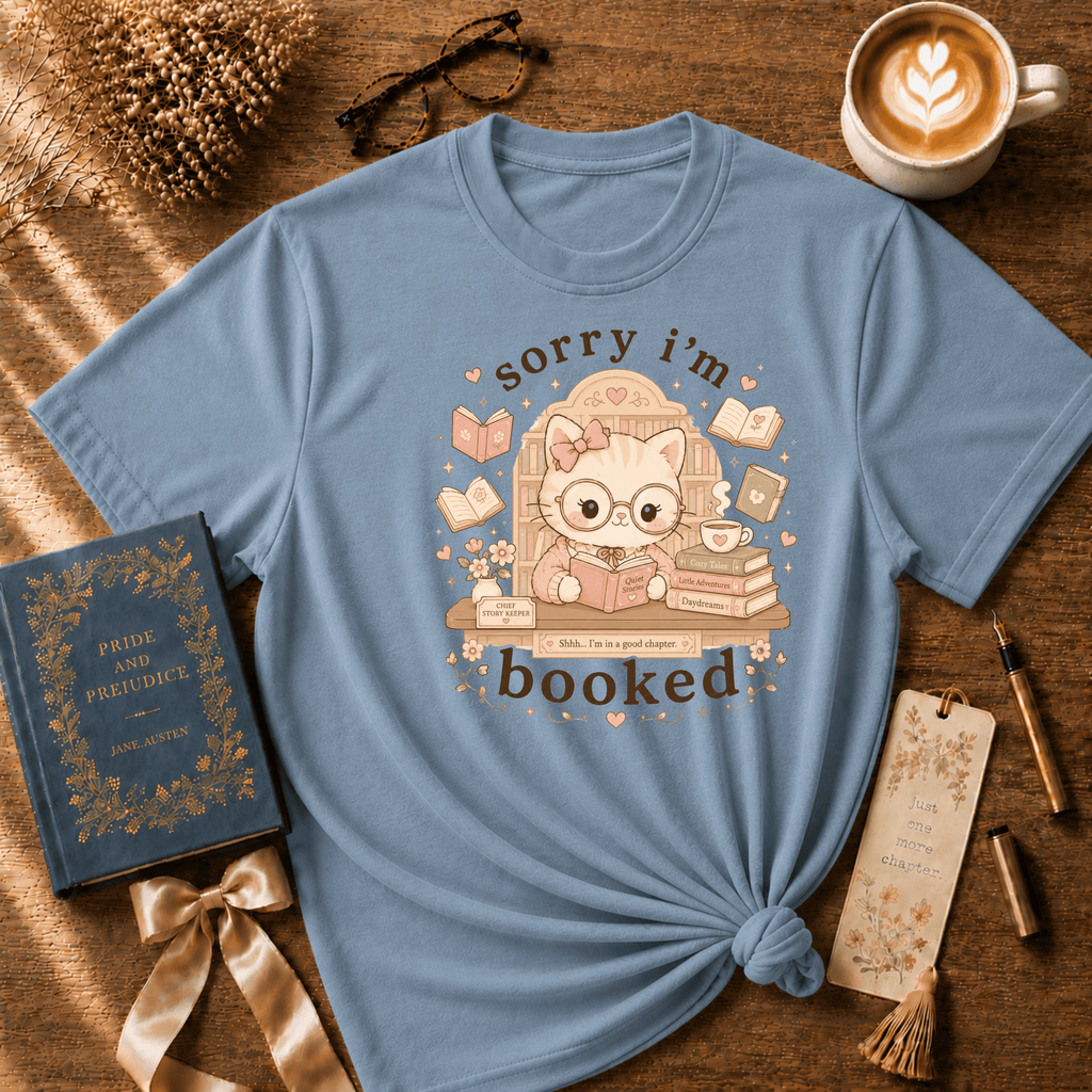 I'm Booked book lovers graphic t-shirt cozy flat lay in stone blue.