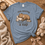 This Meeting cute animal graphic t-shirt displayed in a cozy flat lay in stone blue.