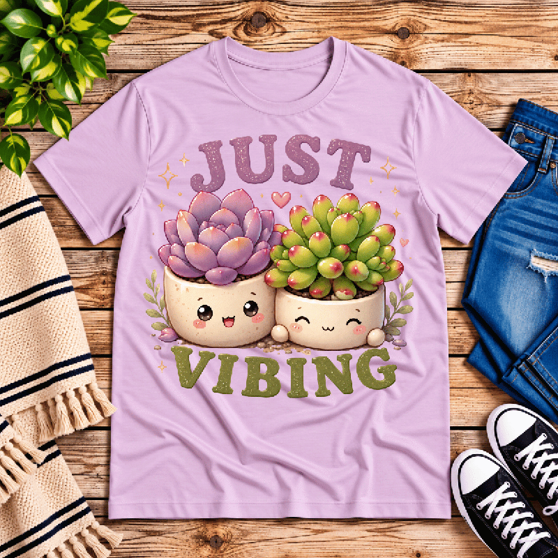 Succulent Vibing Premium T-Shirt in lilac, flat lay