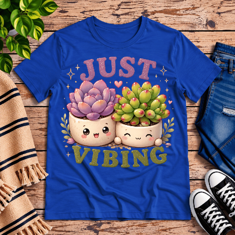 Succulent Vibing Premium T-Shirt in true royal blue, flat lay