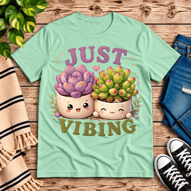 Succulent Vibing Premium T-Shirt in mint, flat lay with two kawaii potted succulents graphic