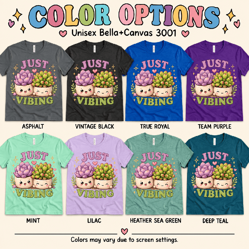 Succulent Vibing Premium T-Shirt color chart: Asphalt, Vintage Black, True Royal, Team Purple, Mint, Lilac, Heather Sea Green, Deep Teal