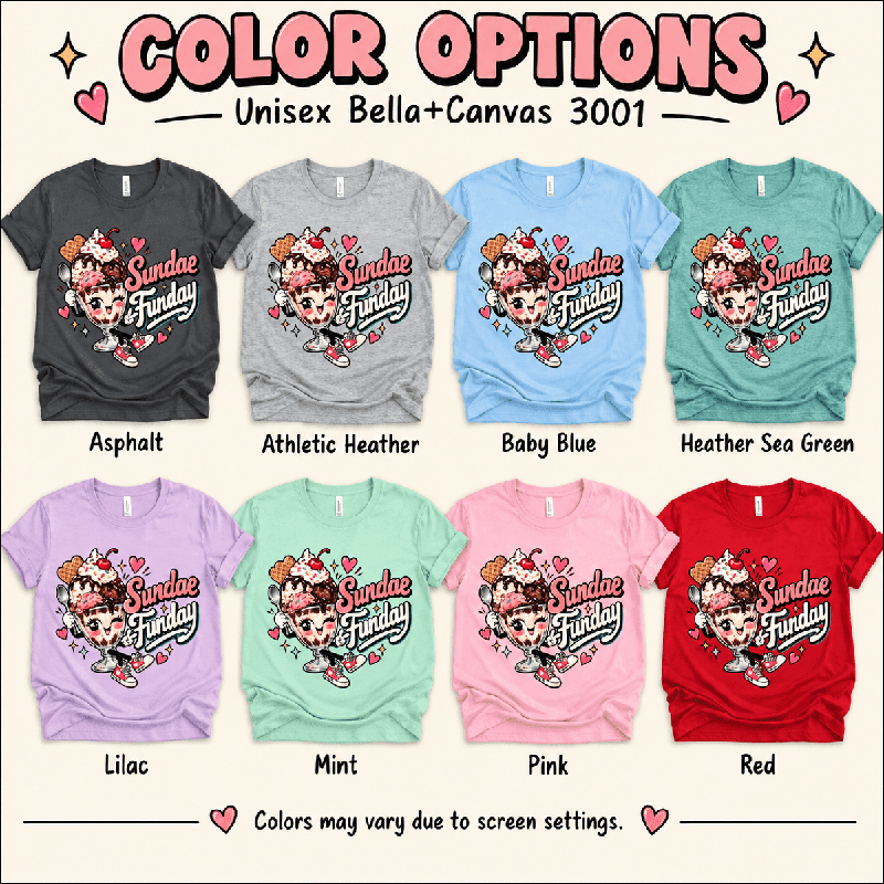 Sundae Funday Premium T-Shirt color chart: Asphalt, Athletic Heather, Baby Blue, Heather Sea Green, Lilac, Mint, Pink, Red