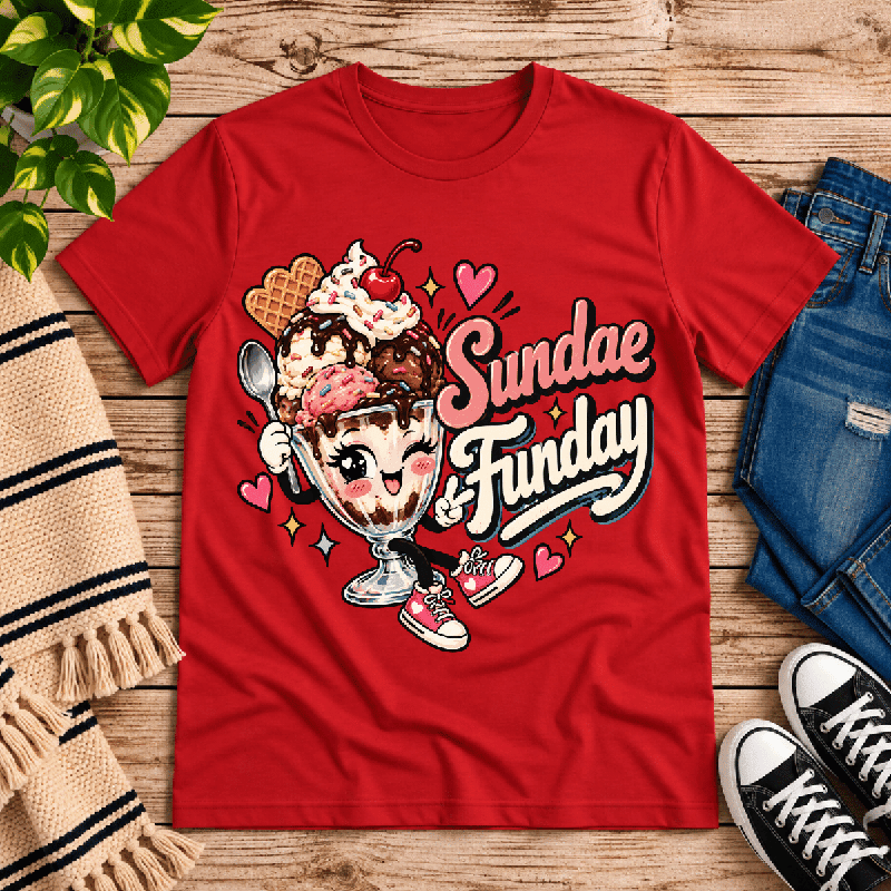 Sundae Funday Premium T-Shirt in red, flat lay