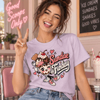 Woman smiling and making a peace sign, wearing the Sundae Funday Premium T-Shirt in lilac