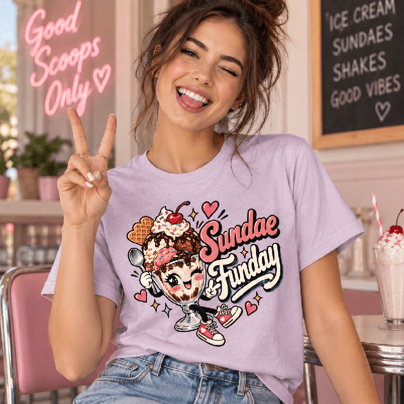 Woman smiling and making a peace sign, wearing the Sundae Funday Premium T-Shirt in lilac