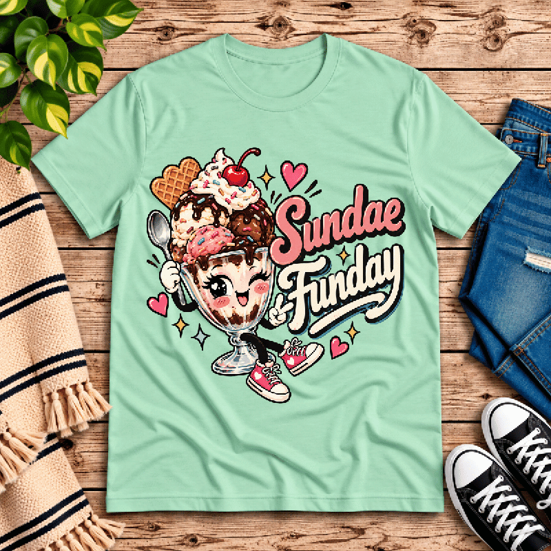 Sundae Funday Premium T-Shirt in mint, flat lay with cartoon ice cream sundae character graphic