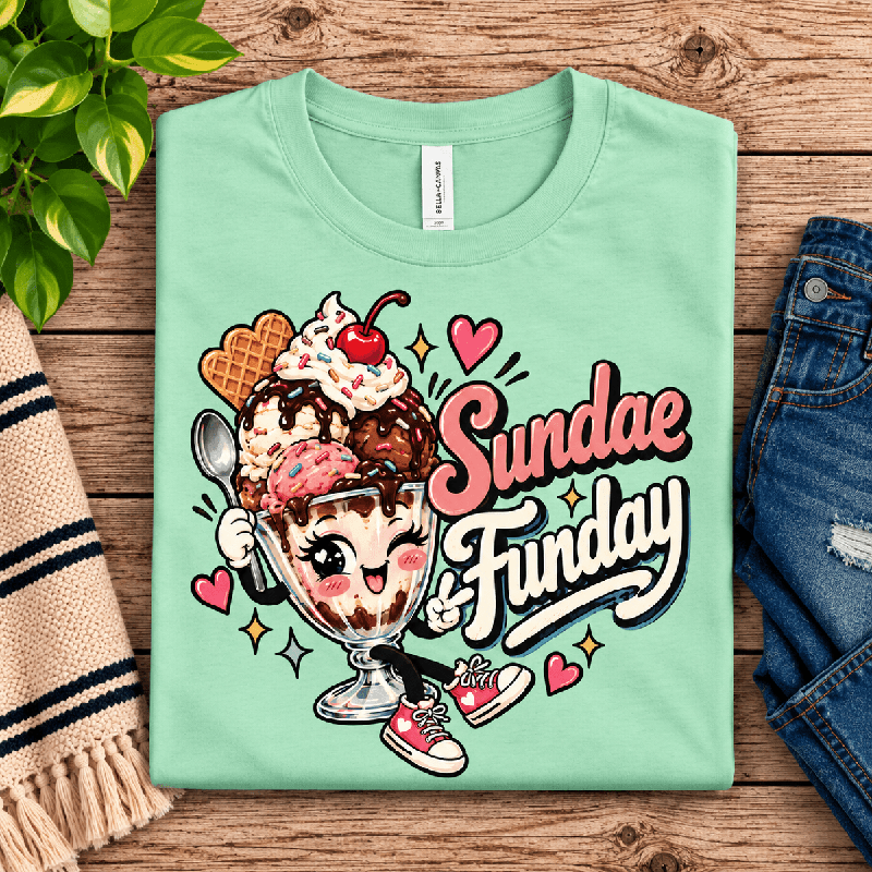 Sundae Funday Premium T-Shirt in mint, folded close-up with neck tag showing