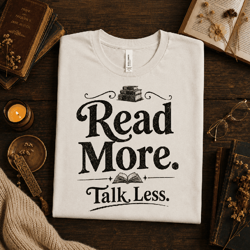 Talk Less Premium T-Shirt in vintage white, folded close-up styled with antique books