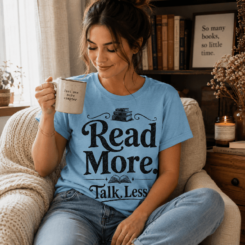 Woman holding a "Just one more chapter" mug in an armchair, wearing the Talk Less Premium T-Shirt in baby blue