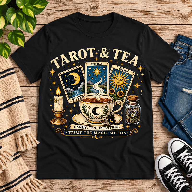Tarot & Tea Premium T-Shirt in vintage black, flat lay