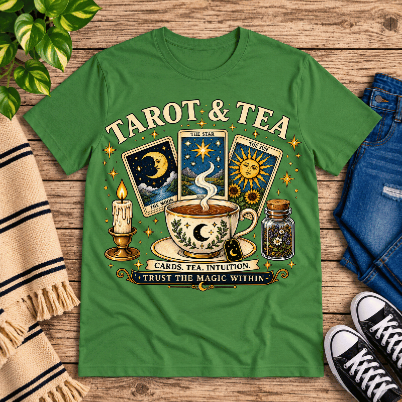 Tarot & Tea Premium T-Shirt in leaf green, flat lay
