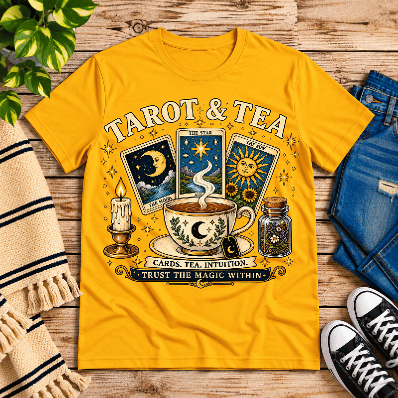 Tarot & Tea Premium T-Shirt in gold, flat lay with tarot cards, teacup, and candle graphic
