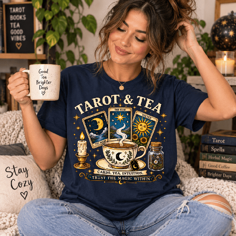 Woman holding a mug, wearing the Tarot & Tea Premium T-Shirt in navy