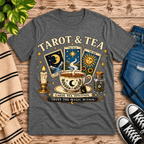 Tarot & Tea Premium T-Shirt in deep heather gray, flat lay