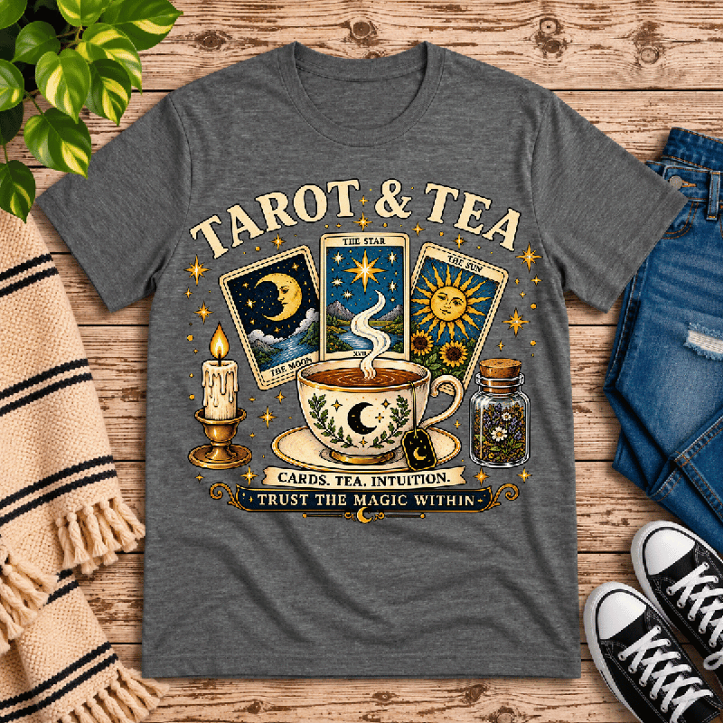 Tarot & Tea Premium T-Shirt in deep heather gray, flat lay