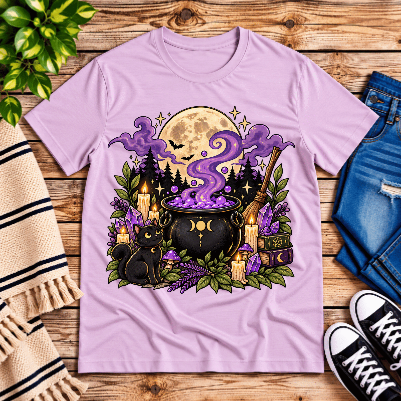 The Cauldron Premium T-Shirt in lilac, flat lay with black cat beside a bubbling cauldron graphic