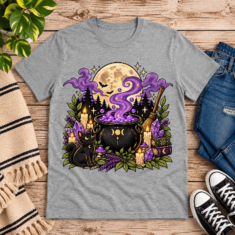 The Cauldron Premium T-Shirt in athletic heather gray, flat lay