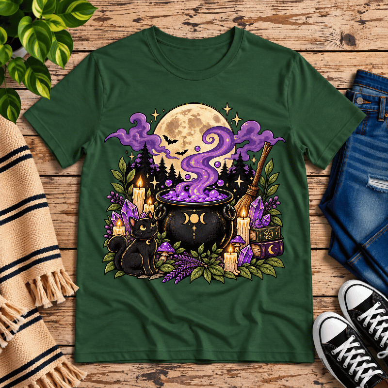 The Cauldron Premium T-Shirt in evergreen, flat lay