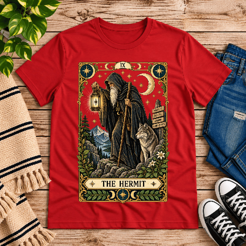 The Hermit Premium T-Shirt in red, flat lay