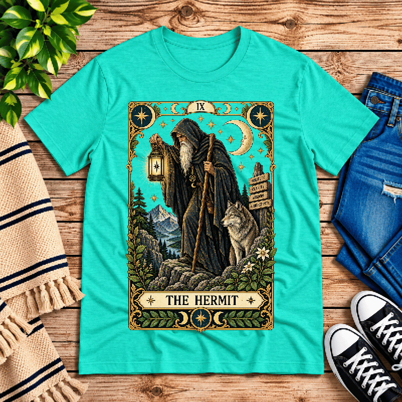 The Hermit Premium T-Shirt in heather sea green, flat lay