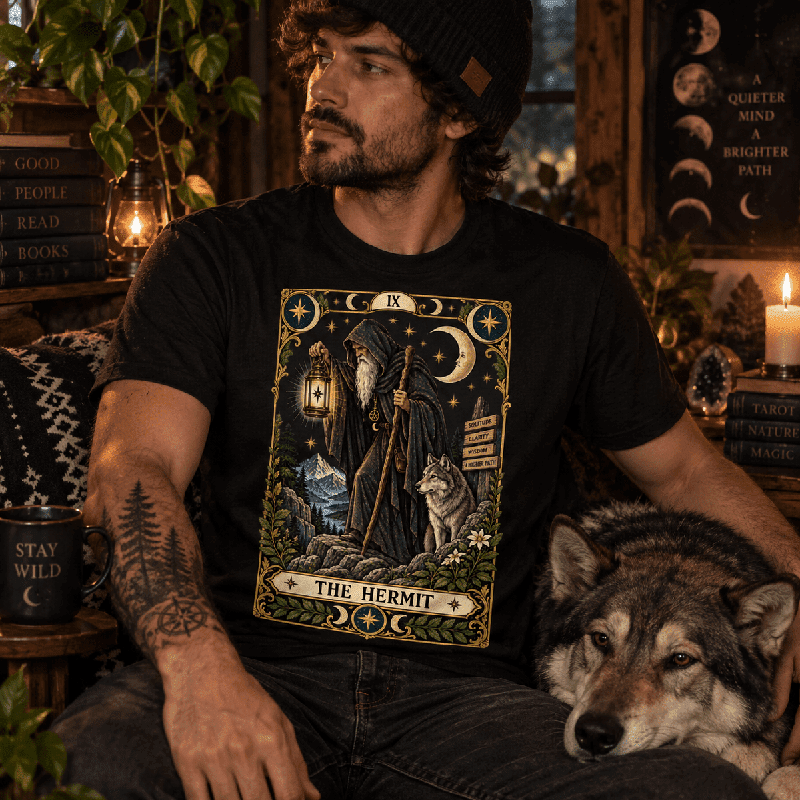 Man seated indoors near a wolf and lantern decor, wearing the Hermit Premium T-Shirt in vintage black
