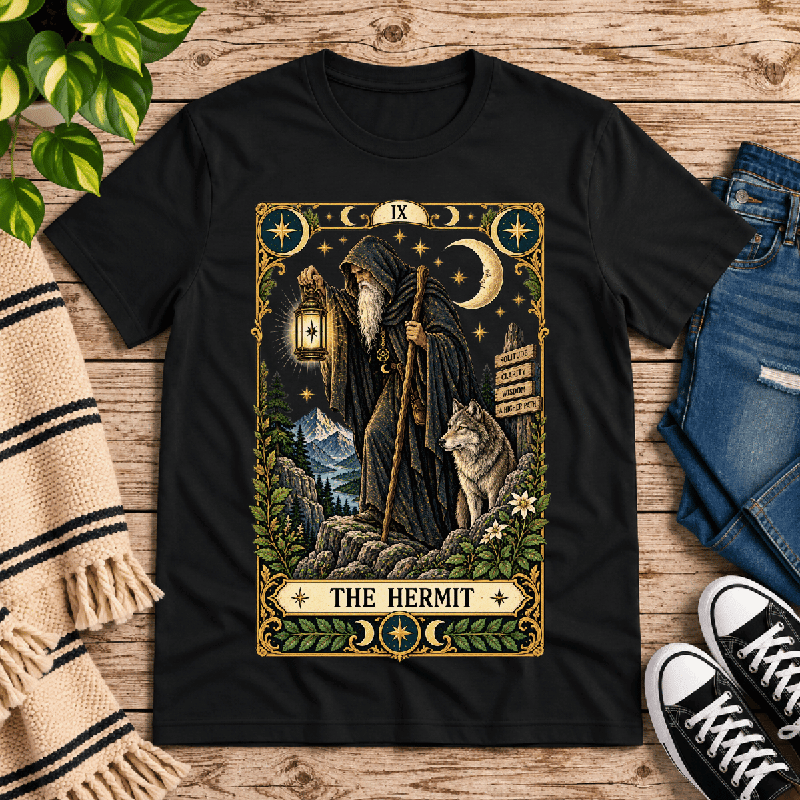 The Hermit Premium T-Shirt in vintage black, flat lay