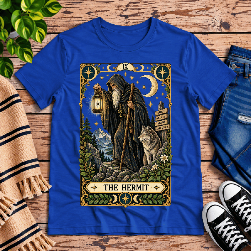 The Hermit Premium T-Shirt in true royal blue, flat lay