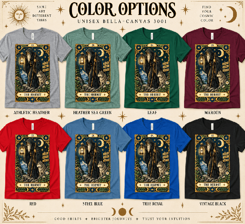 The Hermit Premium T-Shirt color chart: Athletic Heather, Heather Sea Green, Leaf, Maroon, Red, Steel Blue, True Royal, Vintage Black