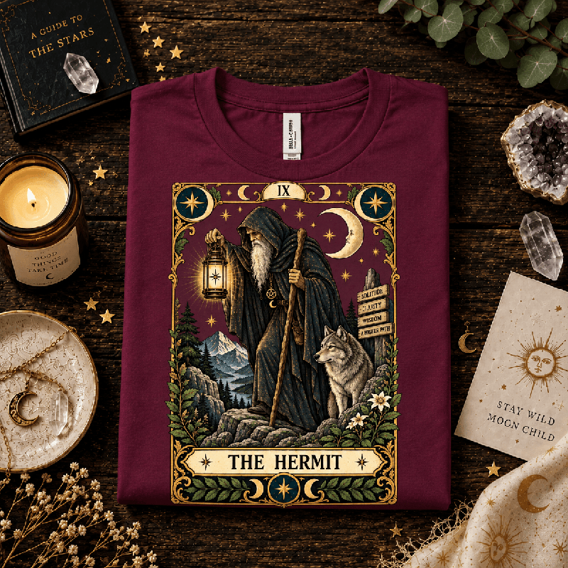 The Hermit Premium T-Shirt in maroon, folded close-up styled with witchy props