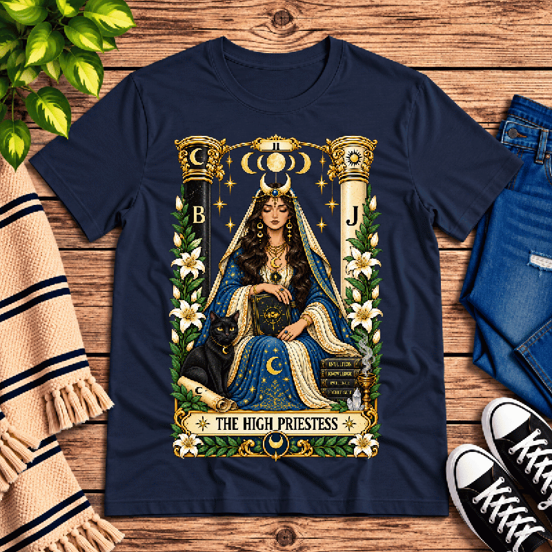 The High Priestess Premium T-Shirt in navy, flat lay